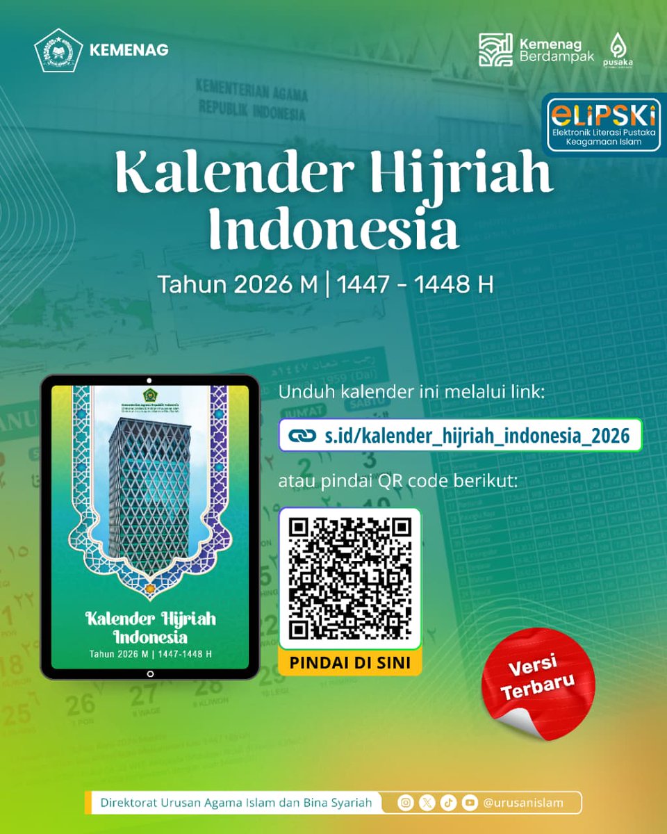 Kalender Hijriah Indonesia 2026 Terbitan Kementerian Agama. 

Kalender ini dilengkapi dg tanggal bulan Hijriah, data hilal &amp; matahari, Pancawara/Pasaran (Legi, Pahing, Pon, Wage, Kliwon), info libur nasional, dll. unduh kalender ini di ELIPSKI:
Link: s.id/kalender_hijri…