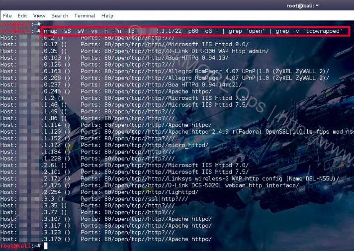 TheMsterDoctor1's tweet image. 🚨 1 COMMAND TO MAP A NETWORK (AUTHORIZED TESTING)

🧠 Advanced Nmap Recon + Grep Filtering + Banner Fingerprinting

nmap -n -Pn -sS -sV -p80 --open --script=banner -T5 192.168.1.0/24 -oG - | grep 'open' | grep -v 'tcpwrapped'

🧠 Nmap recon + service fingerprinting + clean…
