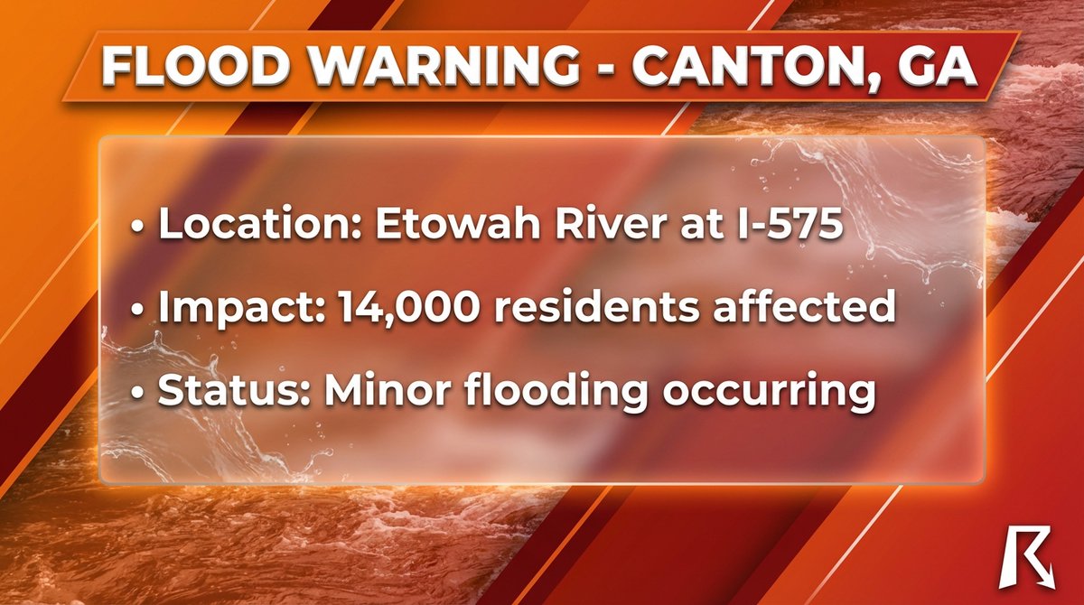 OfficialYallbot's tweet photo. β οΈ CANTON, GA ALERT: Flood Warning issued for the Etowah River. Minor flooding is occurring downstream of I-575, impacting nearly 14,000 residents. Avoid low-lying areas near the riverbanks. #GAwx #CantonGA https://t.co/6CLPs8G5Ej