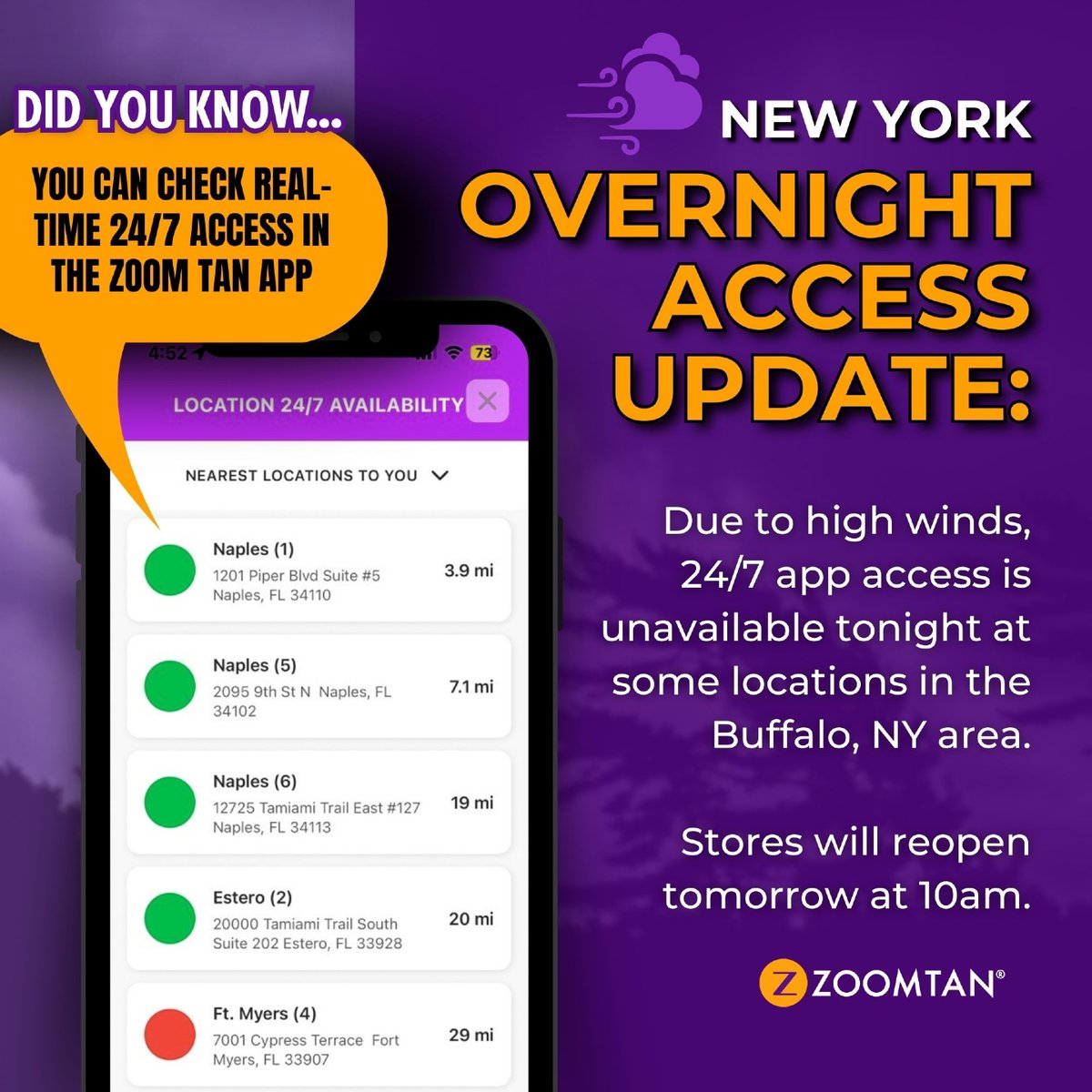 ZoomTan's tweet image. ⚠️ Buffalo Area 24/7 Update – Tonight, Jan 10

A few Buffalo-area salons will have 24/7 access paused tonight due to high wind gusts.
For the latest store status, please check the Zoom Tan app before you head in.