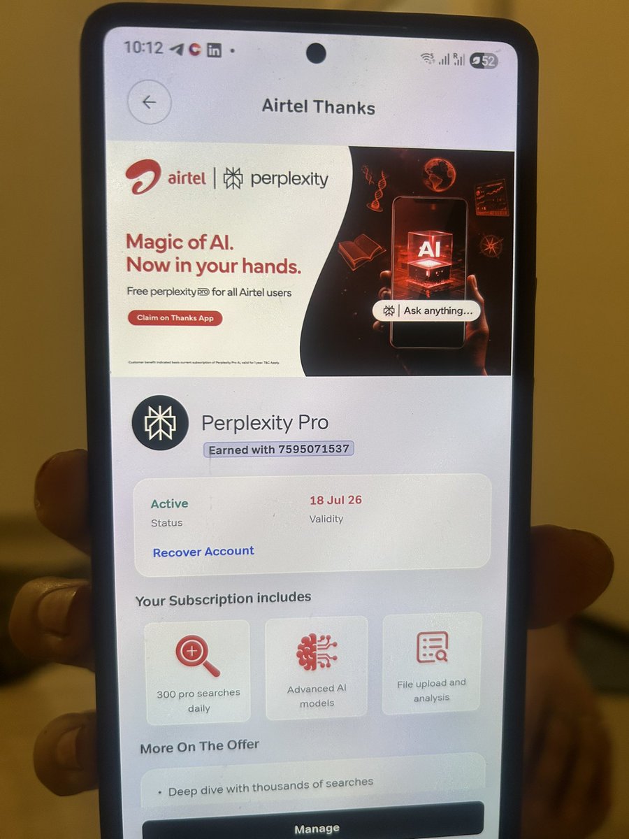 i_rsd's tweet photo. @airtelindia @Airtel_Presence @airtelnews sponsored @AskPerplexity services have been stopped, was the move done by perplexity just to gain Cx userbase? 

Quite a disappointment, transitioning from Google to Perplexity and then suddenly it feels like you are trapped. https://t.co/YpK1DcuX44
