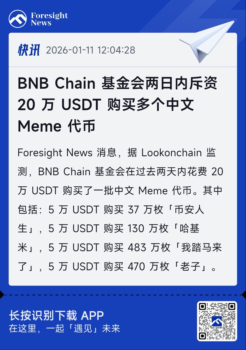 BNB Chain 基金会两日内斥资20 万USDT 购买多个中文Meme 代币】 @BNBCHAINZH 以下各买5 万USDT 🔸️  #币安人生🔸️ #哈基米🔸️ #我踏马来了