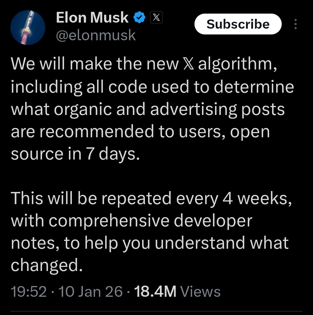 X推荐算法将更新，规则更加清晰开放：
埃隆·马斯克发文，我们将在7天内把新的X算法完全开源，包括所有用于决定哪些有机内容和广告内容会被推荐给用户的全部代码。
此后每4周都会重复进行一次开源，同时附上全面的开发者说明文档，帮助大家理解有哪些地方发生了变化。