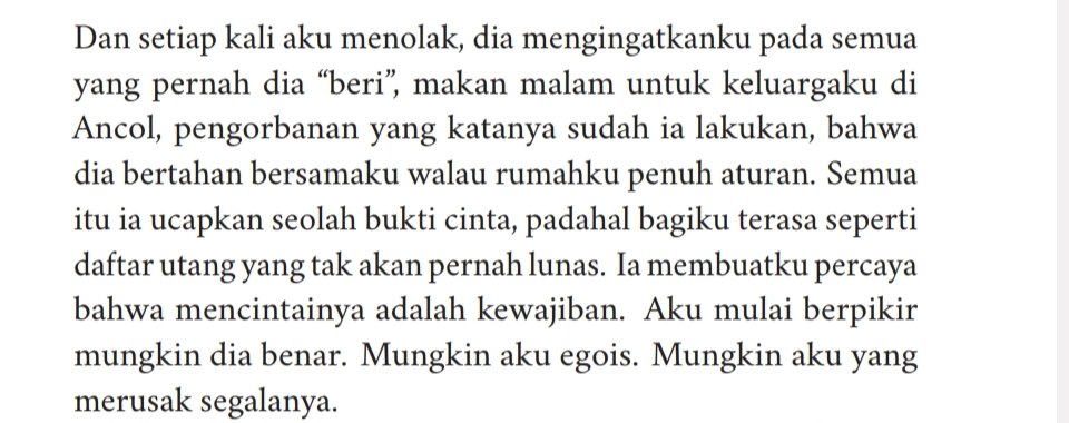dari sini belajar kalo kita butuh cinta yang setara dan sehat — tidak merendahkan, bukan satu berkorban terus dan satunya lagi menuntut, sering merasa kecil, merasa bersalah, takut bicara sampe ga jadi diri sendiri. 

i hope we never end up finding love or someone like that🥺