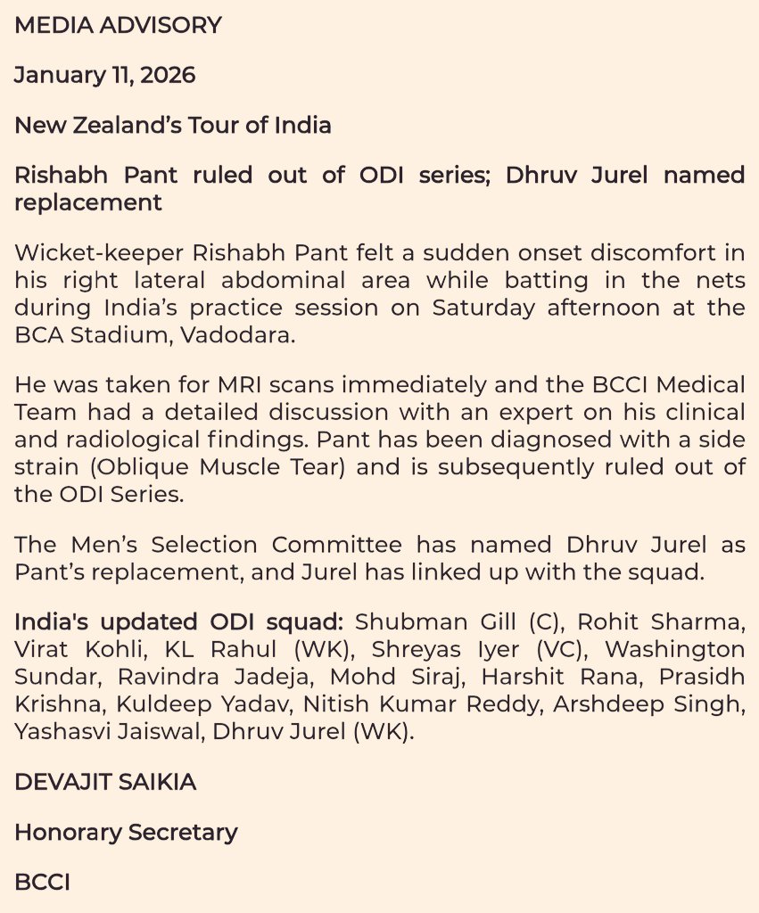 🚨 PRESS RELEASE 🚨 <a href="/BCCI/">BCCI</a> 

Rishabh Pant ❌️ out
Dhruv Jurel ✅️ in 

#INDvsNZ #IndianCricket #RishabhPant #dhruvjurel