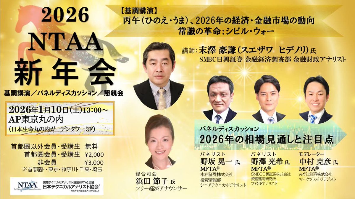 昨日は #日本テクニカルアナリスト協会  主催新春講演会の総合司会を務めました。後日東京MXテレビ等で一部放映が予定されているそうです📺️末澤豪謙さんの基調講演、パネラーの皆さんによる テクニカル分析に基づいた #2026年の相場見通し 等充実のプログラムでした ...