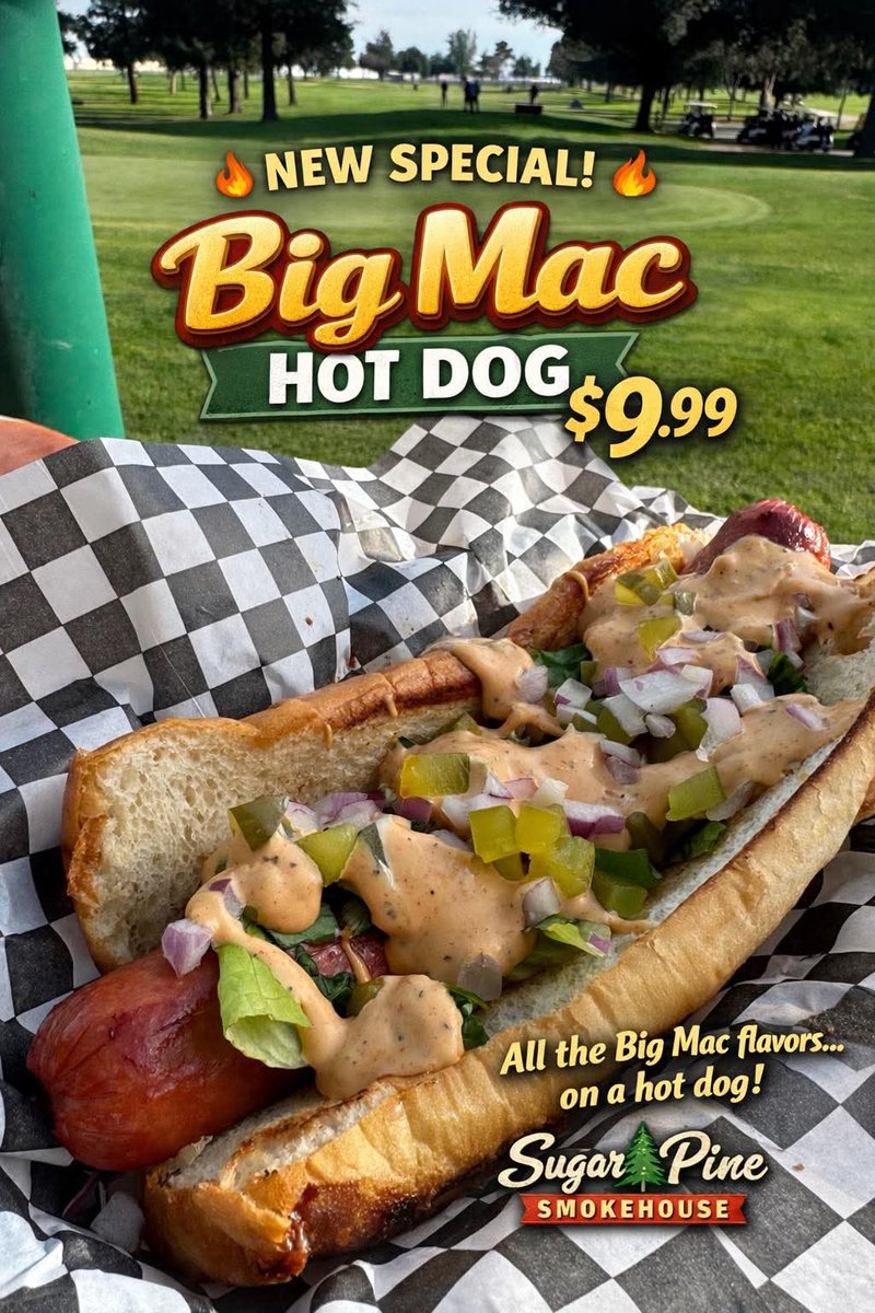 🔥🌭 NEW SPECIAL – Big Mac Hot Dog | $9.99 🌭🔥

All the flavors you love in a Big Mac… turned into a loaded hot dog 😍
Juicy dog on a toasted bun topped with fresh lettuce, onions, pickles &amp; our signature sauce.Perfect bite whether you’re on the course or stopping in to eat ⛳