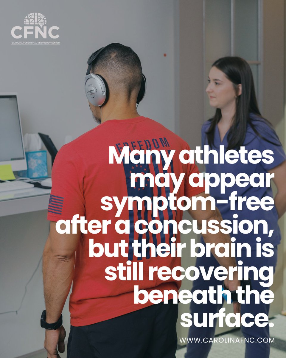 CarolinaFNC's tweet photo. At Carolina Functional Neurology Center, we understand the unique demands placed on athletes recovering from a concussion — especially the pressure to return to play safely, confidently, and as quickly as possible. Our doctors perform a detailed functional neurological evaluation to identify exactly which systems were affected, ensuring every athlete receives a rehabilitation plan tailored to their sport, position, and performance goals.
​
We focus on restoring efficient brain-body communication through targeted vestibular, visual, balance, and cognitive rehabilitation. By strengthening the specific pathways impacted by the concussion, we help athletes recover more completely, reduce lingering symptoms, and support a safe return to training and competition. Our goal is to help athletes quickly regain the precision, coordination, and speed their sport demands.

Our concussion treatment program is extremely in-depth and ensures that your brain is fully healed — not just feeling better. Many athletes may appear symptom-free while their brain is still recovering beneath the surface. We make sure your brain and nervous system are performing optimally so your risk of future concussions does not increase, lingering issues do not return, and your performance continues to elevate long after treatment.

To learn more about our concussion treatment program, visit: https://t.co/ta9MyqD2Yq.
#concussion