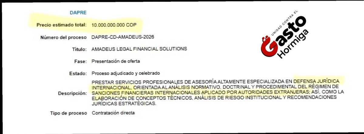 german_ricaurte's tweet image. Atención: la Presidencia de @petrogustavo acaba de contratar a una firma de abogados por 10 mil millones de pesos para que lo asesore y defienda por su inclusión en la Lista Clinton (OFAC).

¡10 mil millones de nuestros impuestos destinados a una defensa personal!

Esto es un…