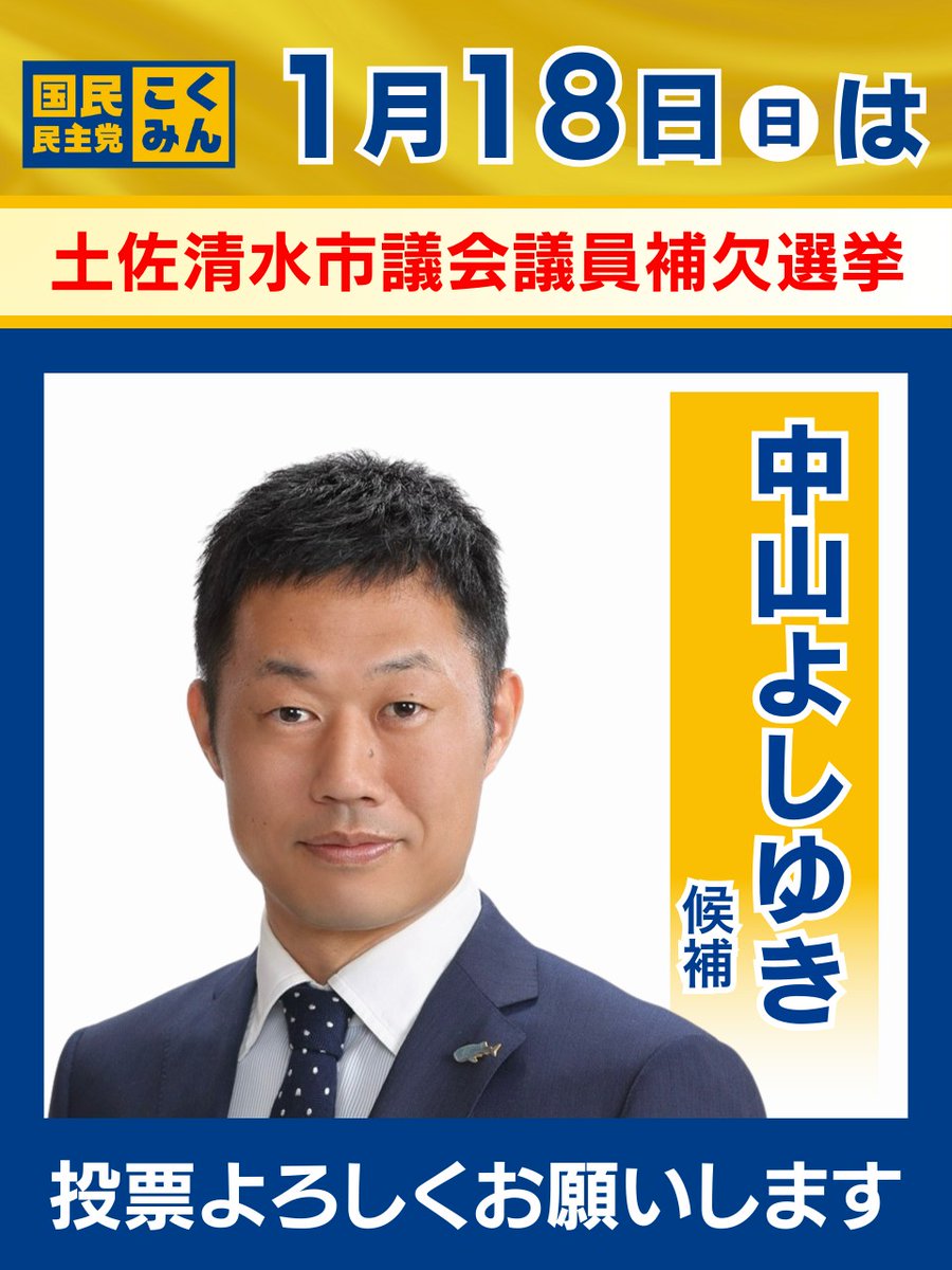 土佐清水市議会議員補欠選挙が本日告示となりました。
投票日は1/18(日)です。

国民民主党から
新人で公認候補
#中山よしゆき @Nyama_yoshiyuki
が立候補しています。

皆様のご支援をよろしくお願い致します！

#国民民主党