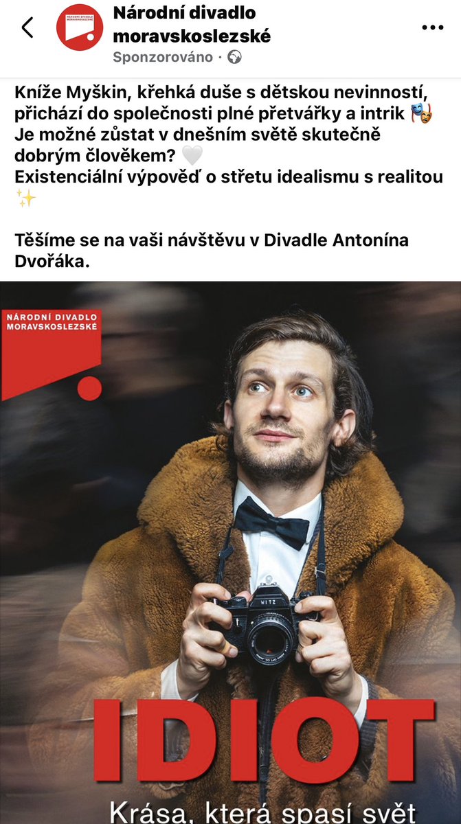 Kdo chce vidět Idiota, nechť se dostaví do Ostravěnky.💜
Viděla jsem část generálky a myslím, že to stojí za to.🎭
Možná cítím i Thálii ?