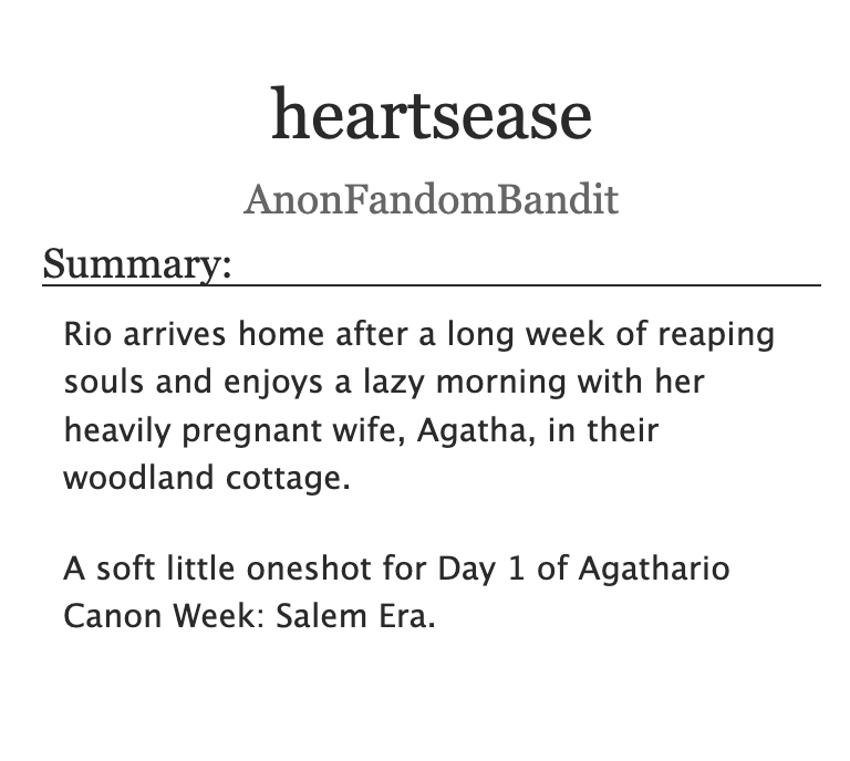 anonfandbandit's tweet image. heatrsease // archiveofourown.org/works/77465191 // a short little salem era pregnant!agatha and soft!rio oneshot for @AgathaRioWeek26 day 1