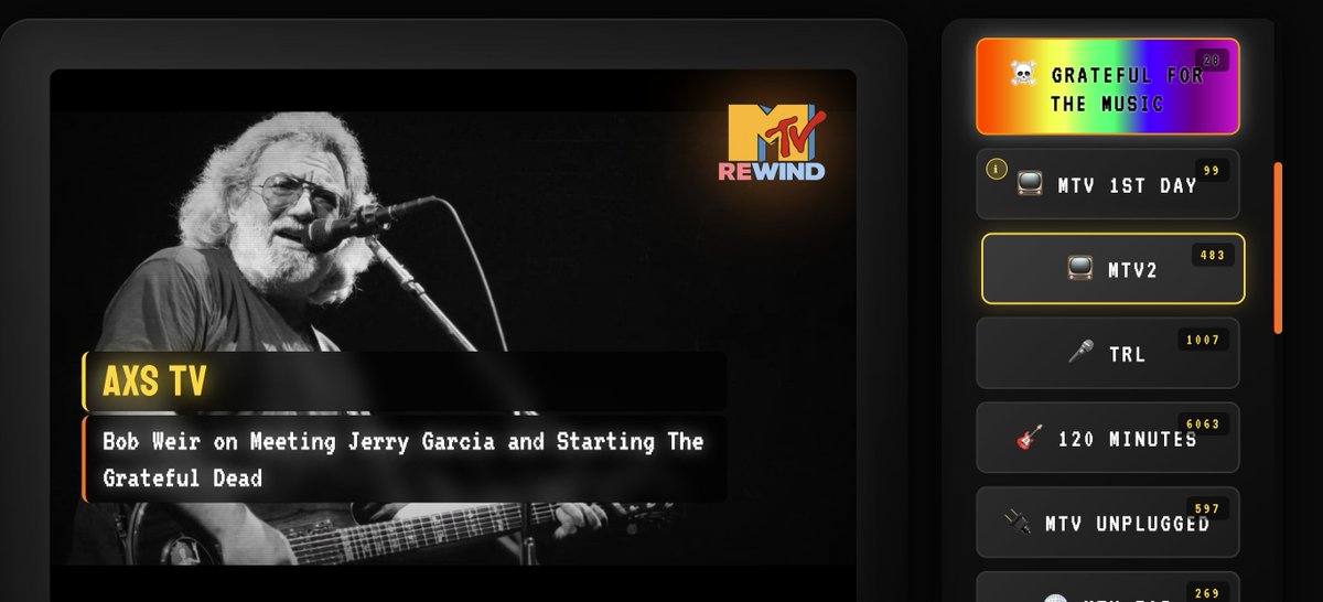 flexasaurusrex's tweet image. 💀🌹 Grateful For the Music. 💀🌹

Just added a special Channel to 
MTV REWIND in honor of 
the passing of Bob Weir. 

💀🌹💀🌹💀🌹💀🌹💀🌹