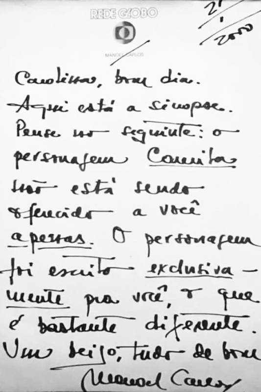 LuccasO2601's tweet image. Lembrei da carta que Manoel Carlos escreveu para Carolina Dieckmann, convidando a atriz para interpretar Camila em "Laços de Família". Deixando bem claro que escreveu a novela para ser protagonizada por ela e Vera Fischer.