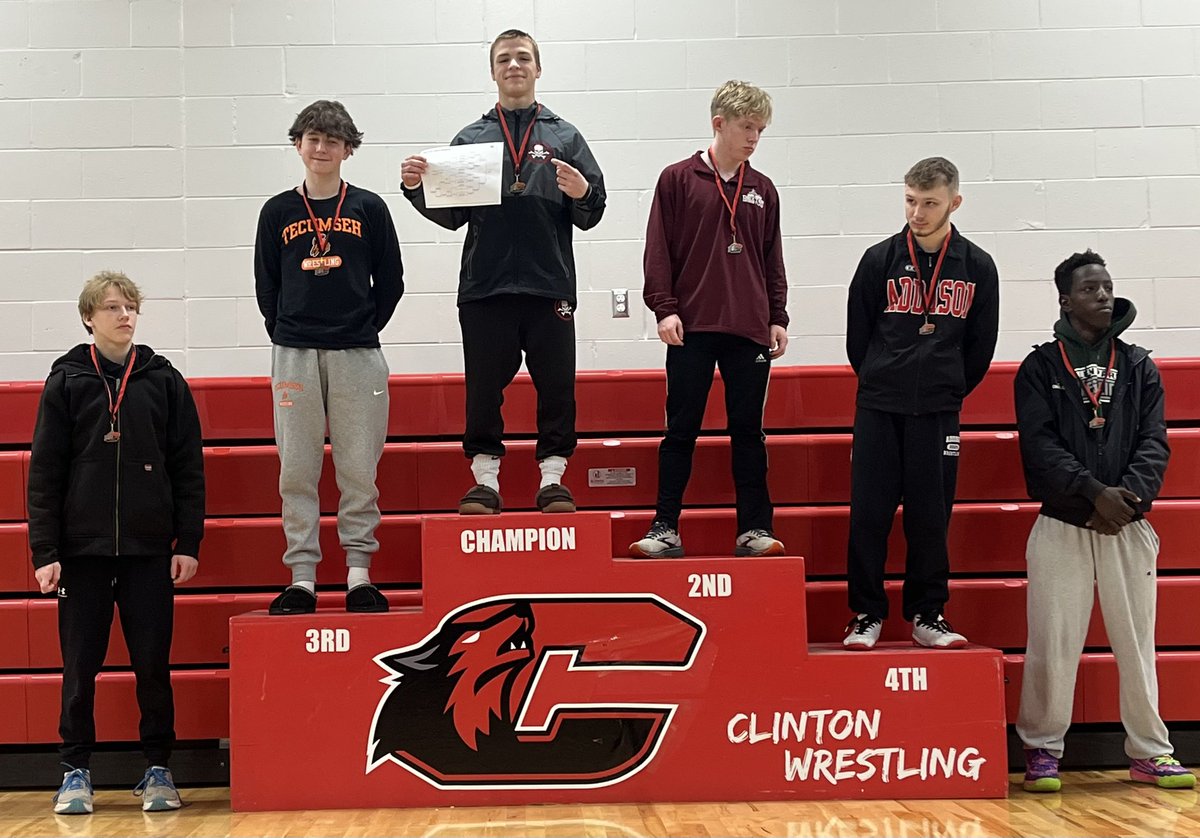 Seven Pinckney wrestlers earned medals at today's Clinton tournament. Mason Buchanan (113) placed 1st; Oliver Wendel (132) &amp; Christian Gregory (126) finished 3rd; Gage Mohl (157) &amp; John Rochowiak (165) were 4th; and Dane Smith (150) &amp; Jeremiah Vanover (175) were 6th.