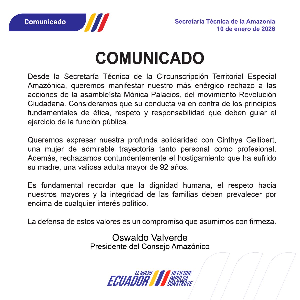 AmazoniaEc's tweet image. La defensa de valores es un compromiso que asumimos con firmeza, nuestra solidaridad con @CynthiaGelliber , rechazamos de manera contundente el accionar de Mónica Palacios. 

#ElNuevoEcuador 
#LaNuevaAmazonia 
#Ecuador 
#solidaridad