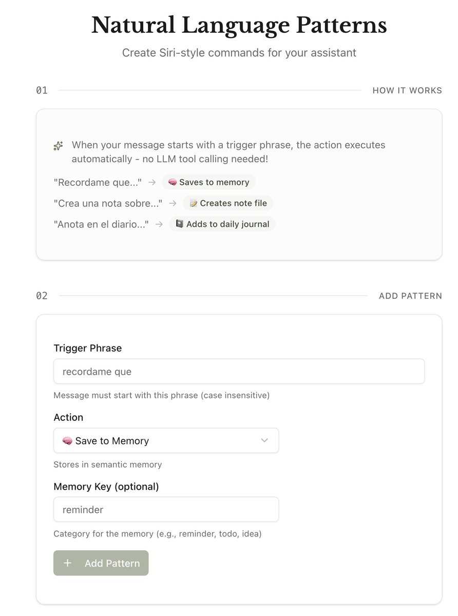Algunos agregados más en proceso: natural language patterns y memories. 

Dado que hay algunas limitaciones en el tooling para Groq (que estoy usando para dar más libertad de elección de modelos), estoy haciendo algunos workaround para matchear palabras/frases con acciones.