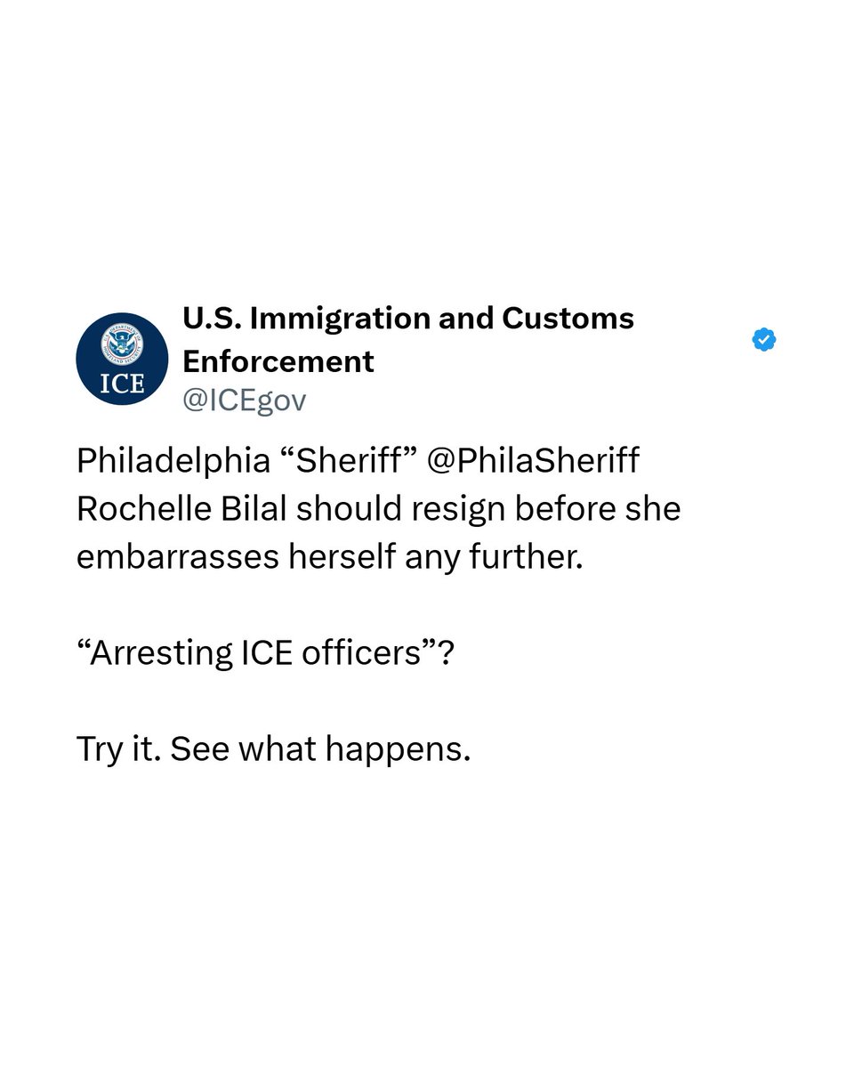 remarks's tweet image. JUST IN: 🇺🇸 ICE responds after Philadelphia Sheriff Rochelle Bilal threatens to arrest federal immigration enforcement agents. 

"Try it. See what happens."