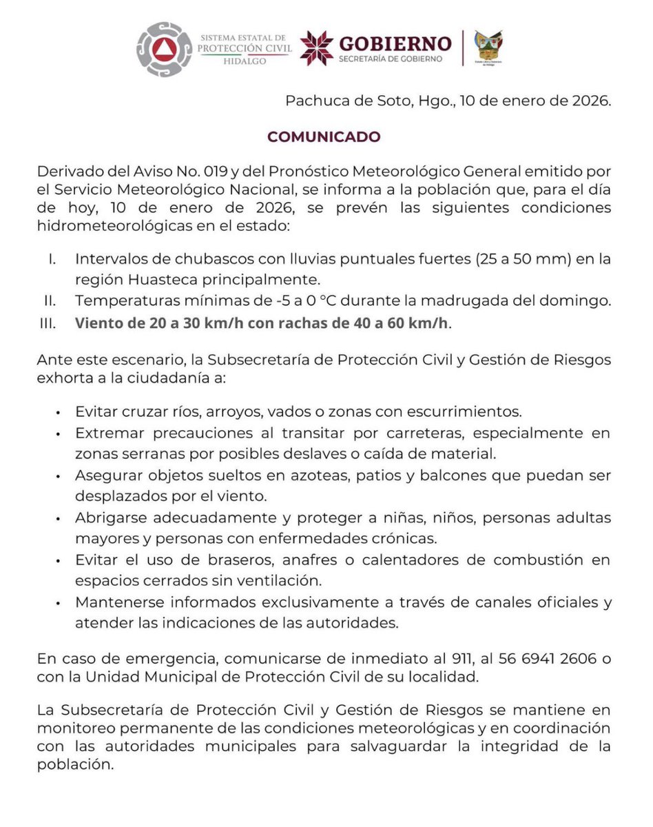 Mantenemos vigilancia ante el pronóstico de frío intenso y fuertes rachas de viento en nuestro estado. 

Les pido extremar precauciones: eviten zonas de riesgo, no permanezcan bajo árboles o anuncios y abriguen bien a sus familias para cuidar su salud. 

Estamos atentos a sus