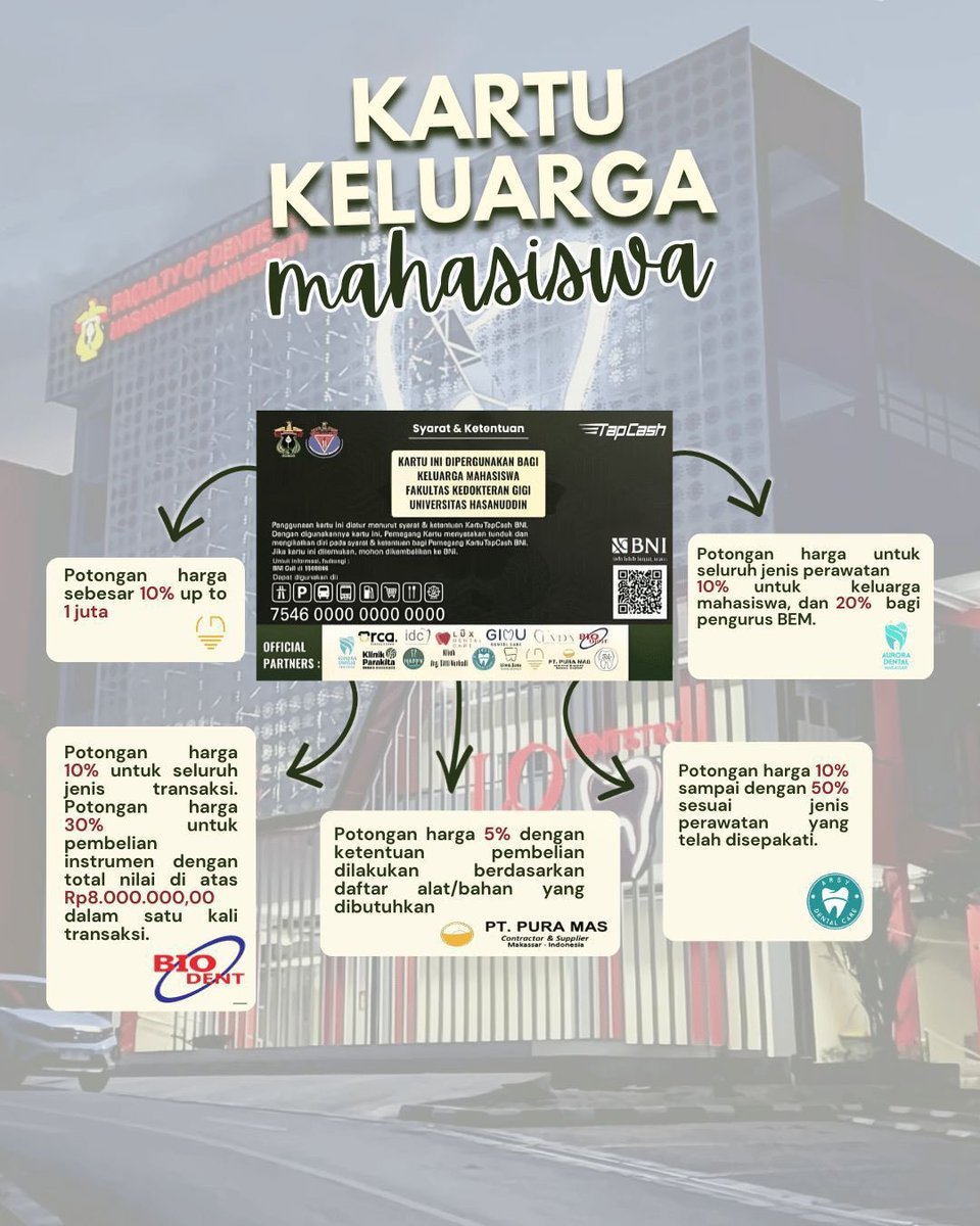 Halo keluarga mahasiswa FKG 
Unhas!  👋🏻🌟

Kami dari TW Pengadaan Kartu KM menginformasikan bahwa akan ada Kartu KM yang menawarkan keuntungan dari 15 mitra terpercaya. Nikmati potongan harga untuk mendukung perkuliahan dan menjaga kesehatan gigi serta mulut 😱🦷✨