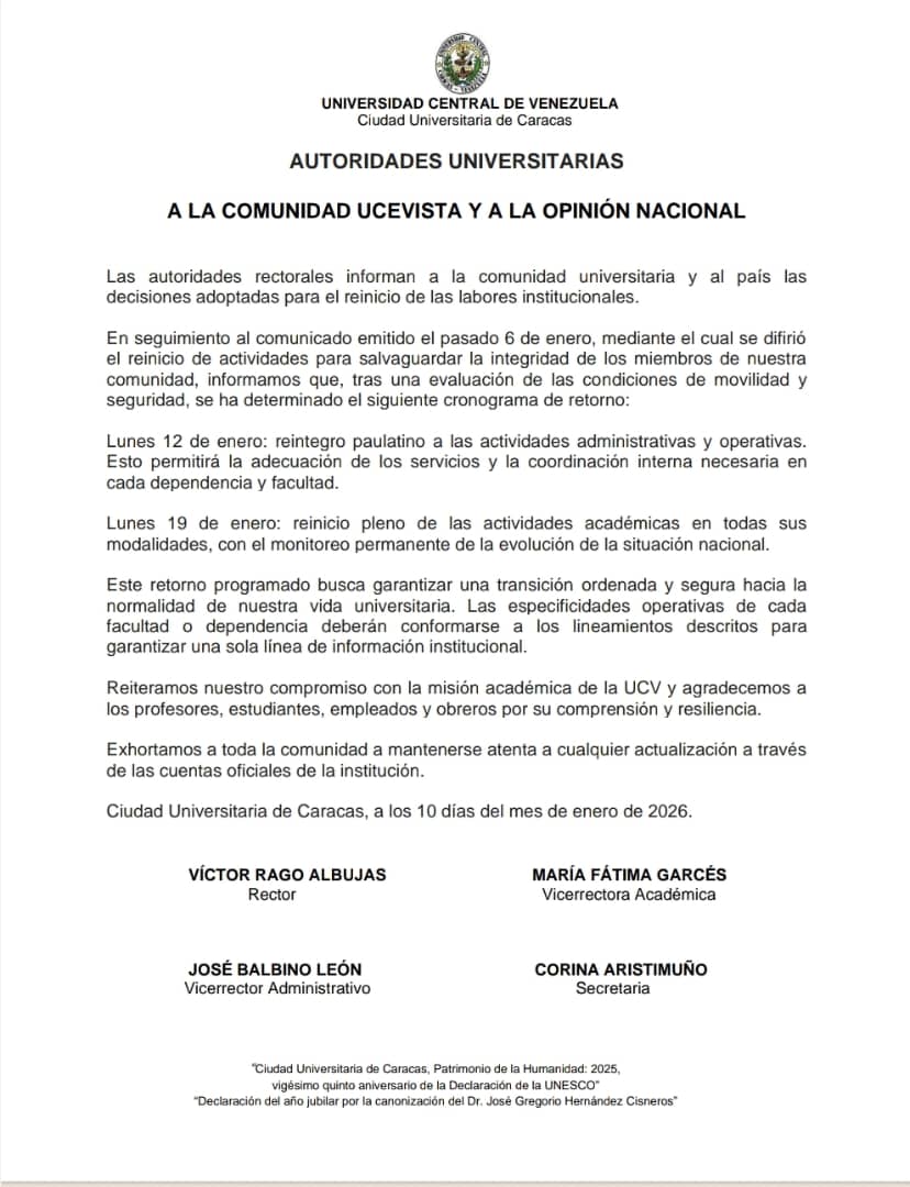 Comunicado de las autoridades de la UCV sobre el reinicio de actividades.