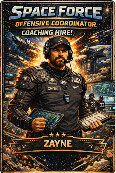 rflspaceforce's tweet photo. Space Force is proud to announce the hiring of Coach Zayne to lead the Space Force offense as its Offensive Coordinator. Coach Zayne brings a steady presence to a unit who can use his ingenuity and passion for hard nosed, physical, and discipline football! https://t.co/LNA2XpANX2