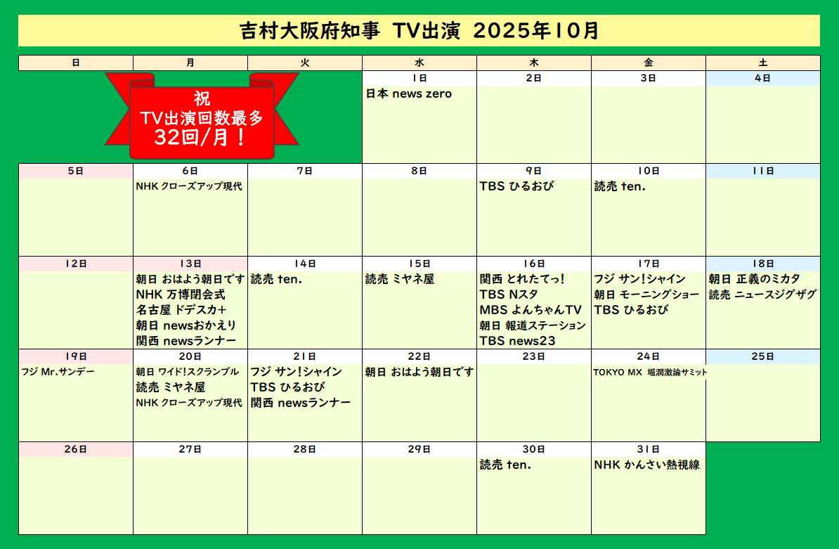 aomurasaki_ll's tweet image. MBSさんだけの問題ではありませんが、放送における政治的公平性を考えますと、吉村さんがこれだけTVに出演されるのであれば、他党の代表もこれと同程度にTVに出演される必要がありますが、そうはなっていませんよね？ 維新のみ、あるいは実質維新関係者のみを出演させる番組構成が問題なのです。