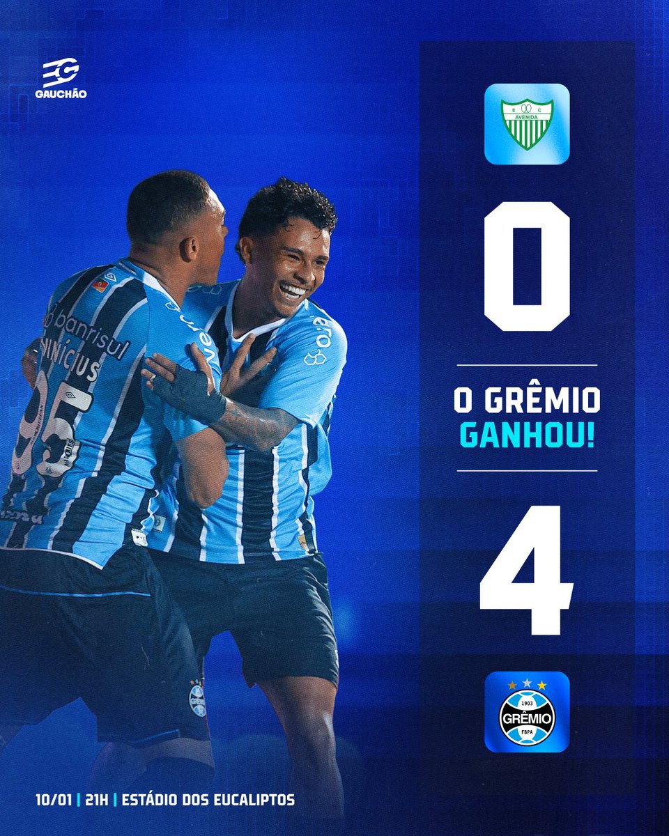 VITÓRIA NOS EMBALOS DE SÁBADO À NOITE! 🇪🇪 Avenida 0x4 #Grêmio  
Nossa estreia no #Gauchão2026 foi com goleada em Santa Cruz do Sul. Amuzu, Wagner Leonardo, Roger e Arthur agitaram a massa Tricolor na arquibancada. É BOM DEMAIS SER GREMISTA!