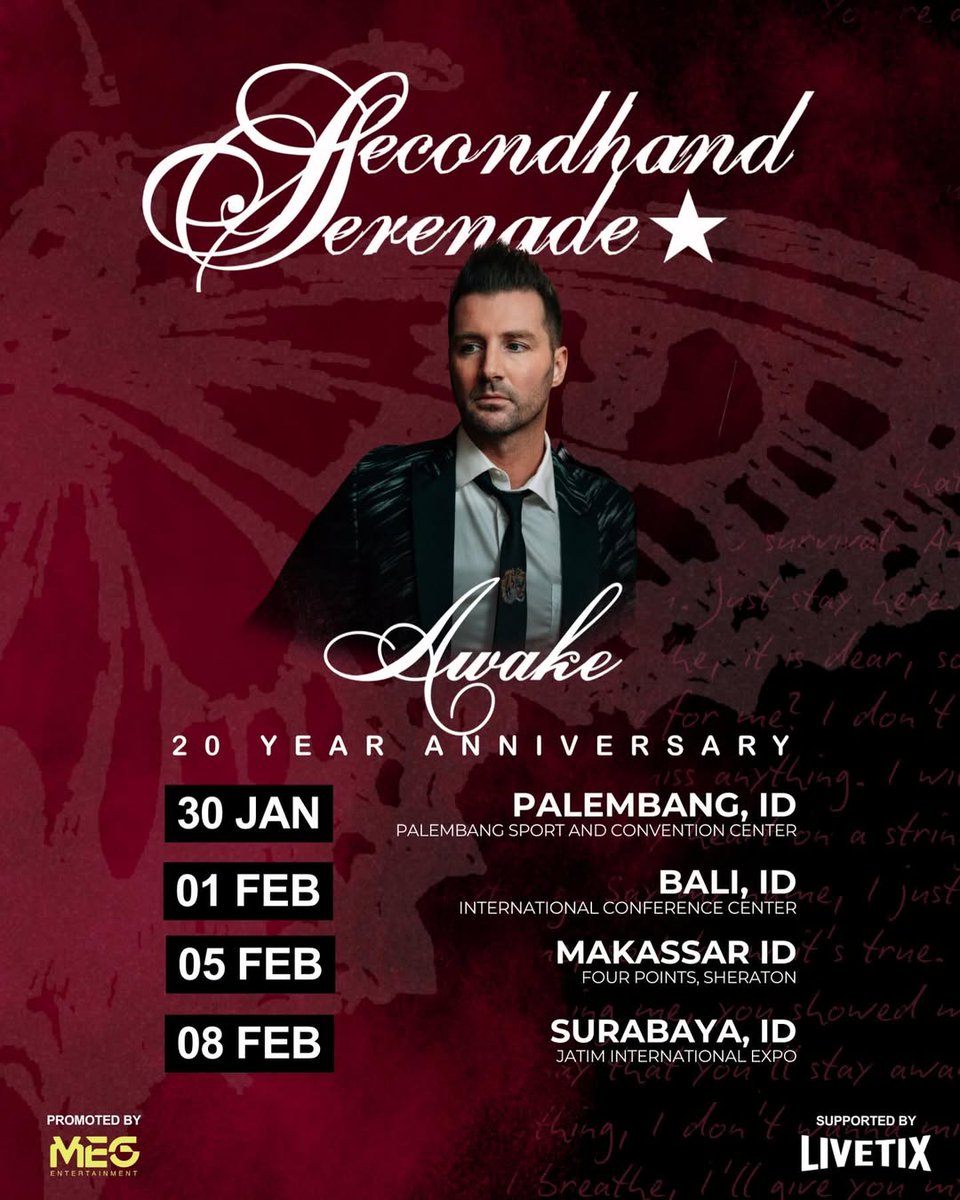 Secondhand Serenade is coming back to Indonesia for another tour

Palembang, 30 January 2026
Bali, 01 February 2026
Makassar, 05 February 2026
Surabaya, 08 February 2026

Go get the tickets here : livetix.id