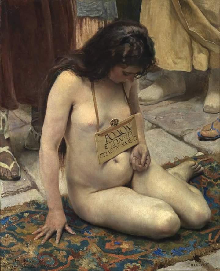 “A Slave for Sale” Ca. 1897. Painting by Spanish painter José Jiménez Aranda. Located in the Museo National del Prado.
A Greek slave for sale in an Eastern market and the violent abductions of women during the Ottoman Empire:
sophia-ntrekou.gr/2019/03/sklava…