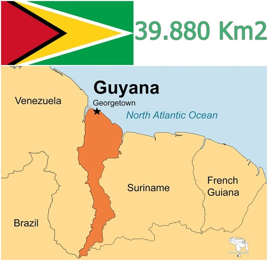 AntroCanal's tweet photo. Guyana es un país de Sudamérica ubicado en la costa del Atlántico Norte. Su idioma oficial es el inglés y cuenta con críquet y música calipso, además, se vincula culturalmente con la región del Caribe aun no forme parte de ella. Su capital, Georgetown, es famosa por su arquitectura colonial británica, incluida la alta catedral anglicana de San Jorge, de madera pintada. Un gran reloj adorna la fachada del Mercado Stabroek, fuente de productos agrícolas locales. Guyana es el estado más pequeño por área en América del Sur. #10Ene #Mimapa 

Capital: Georgetown
Continente: América del Sur
Superficie: 39.880 km² *
Presidente: Irfaan Ali
Primer ministro: Mark Phillips
Idioma oficial: Inglés
Población: 691.087 (2024)

* Aproximadamente un séptimo del territorio de su vecina occidental, Venezuela, es actualmente usurpado ilegalmente por Guyana, específicamente 159 542 km², lo que representa el 74,21 % del territorio que administra bajo el Acuerdo de Ginebra de 1966, zona llamada por esta como Guayana Esequiba el cual es el estado 24 de Venezuela. Su otro vecino, Surinam, reclama para sí una parte del territorio oriental al sureste del país, concretamente unos 15 600 km² denominada Región de Tigri, lo que representa actualmente el 7,26 % del territorio usurpado.

Venezuela declara, en el artículo 10 de su Constitución (1999), que «El territorio y demás espacios geográficos de la República son los que correspondían a la Capitanía General de Venezuela antes de la transformación política iniciada el 19 de abril de 1810, con las modificaciones resultantes de los tratados y laudos arbitrales no viciados de nulidad». La Capitanía General de Venezuela comprendía los territorios de la antigua provincia de Guayana, la cual ocupaba la región Esequiba hoy en disputa, sin embargo, Gran Bretaña no respetó el pacto de no explotar la zona en reclamación.

Guyana está organizada en cinco regiones administrativas que se dividen en consejos vecinales y municipios o ciudades. Cada región está administrada por un Consejo Regional Democrático (Regional Democratic Council - RDC), encabezado por un jefe o presidente (chairman):

Regiones:
Islas Esequibo-Demerara Occidental
Demerara-Mahaica
Mahaica-Berbice
Berbice Oriental-Corentyne
Alto Demerara-Berbice