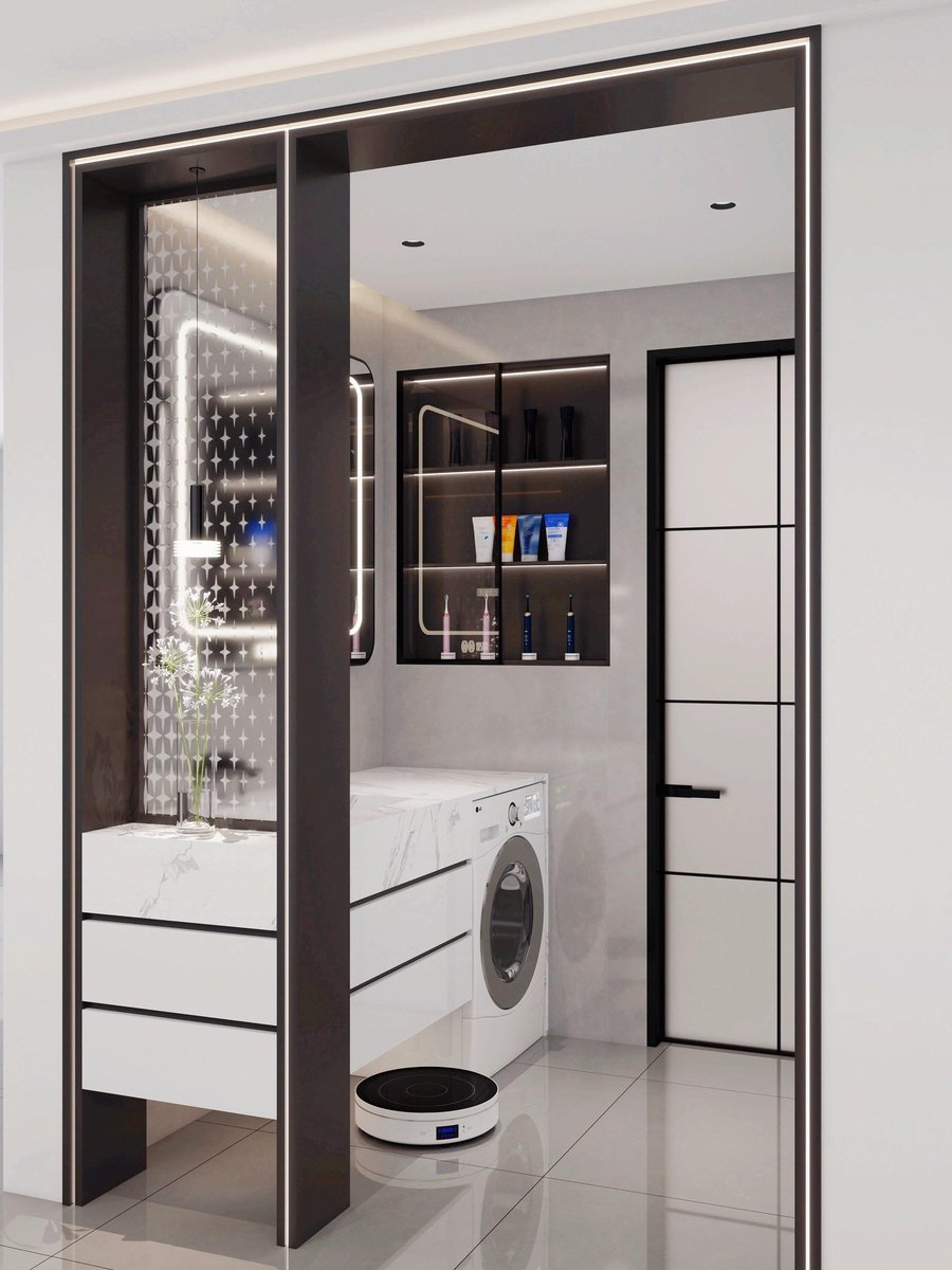 vrishtidesigns's tweet photo. A utility space designed with intention, sleek arches, smart storage, and modern ease 🤍✨
#vrishtidesigns #utilitydesign #laundryroomdesign #custominteriors #modernhomes #smartstorage #minimalinteriors #neutralpalette #functionaldesign #interiorinspo https://t.co/25WrP0u02I