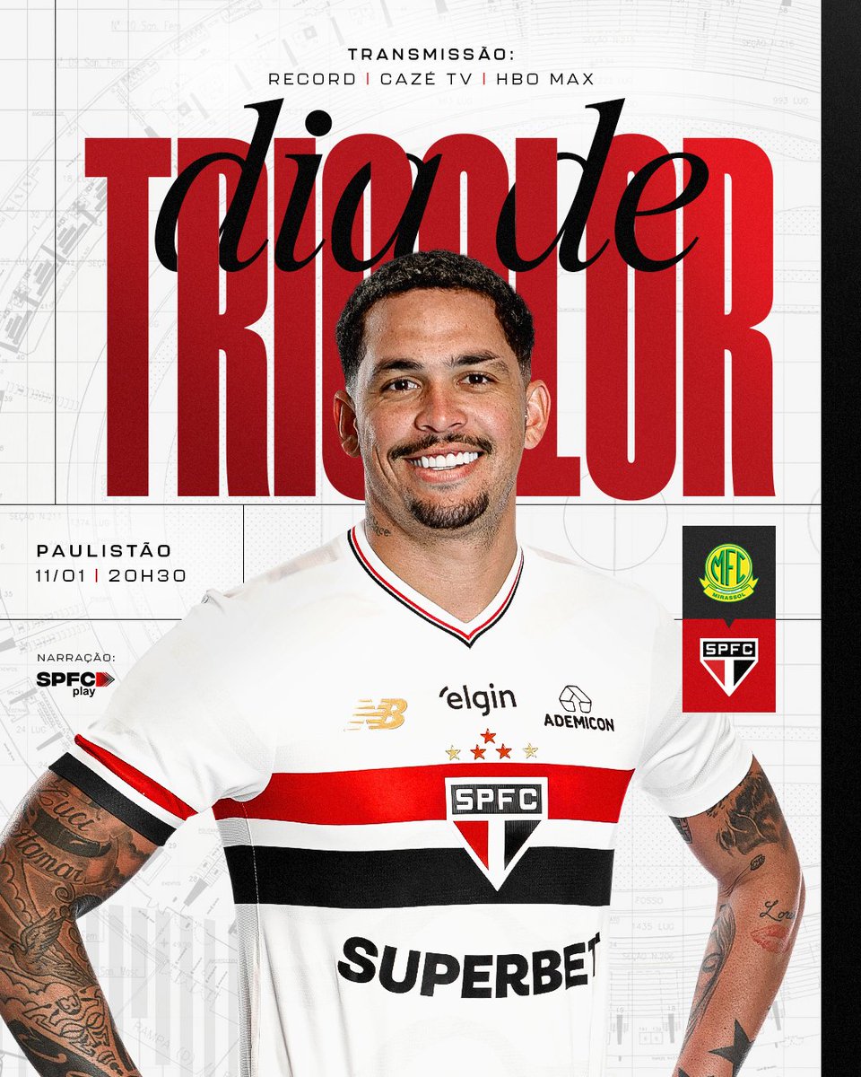 SaoPauloFC's tweet image. 🇾🇪 É #DiaDeTricolor pela primeira vez em 2026!

🆚 Mirassol
🏆 Paulistão (1ª rodada)
🗓️ 11/01 (domingo)
⏰ 20h30
🏟️ José Maria de Campos Maia
📍 Mirassol
📺 Record, Cazé TV e HBO Max

#VamosSãoPaulo 🇾🇪