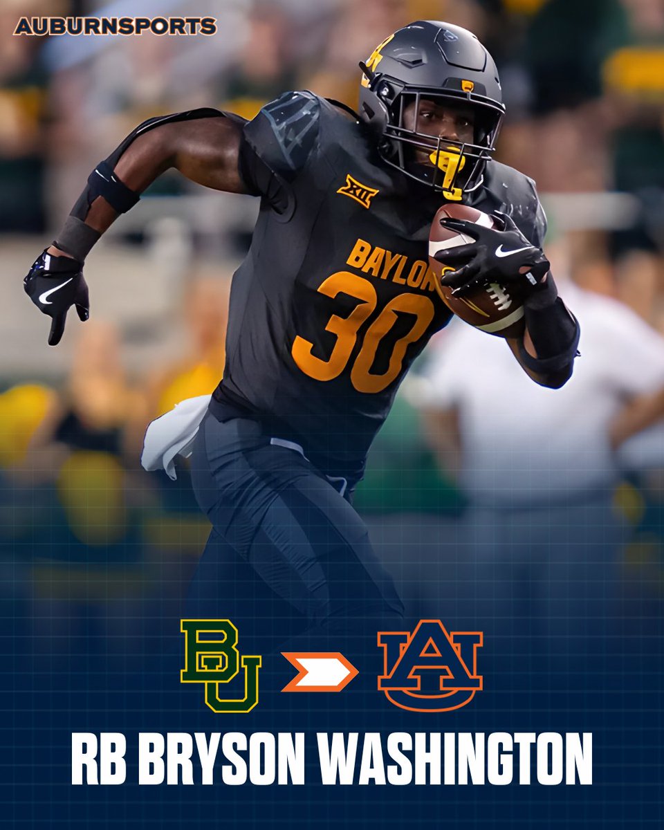 JLeeAUSports's tweet photo. COMMITMENT: Big dog transfer running back Bryson Washington has committed to Auburn, AuburnSports has learned.

Rushed for 1,816 yards and 18 touchdowns in two seasons at Baylor.

HUGE get for Auburn.

https://t.co/vw4tBsjhJA https://t.co/eAReYBo4dt