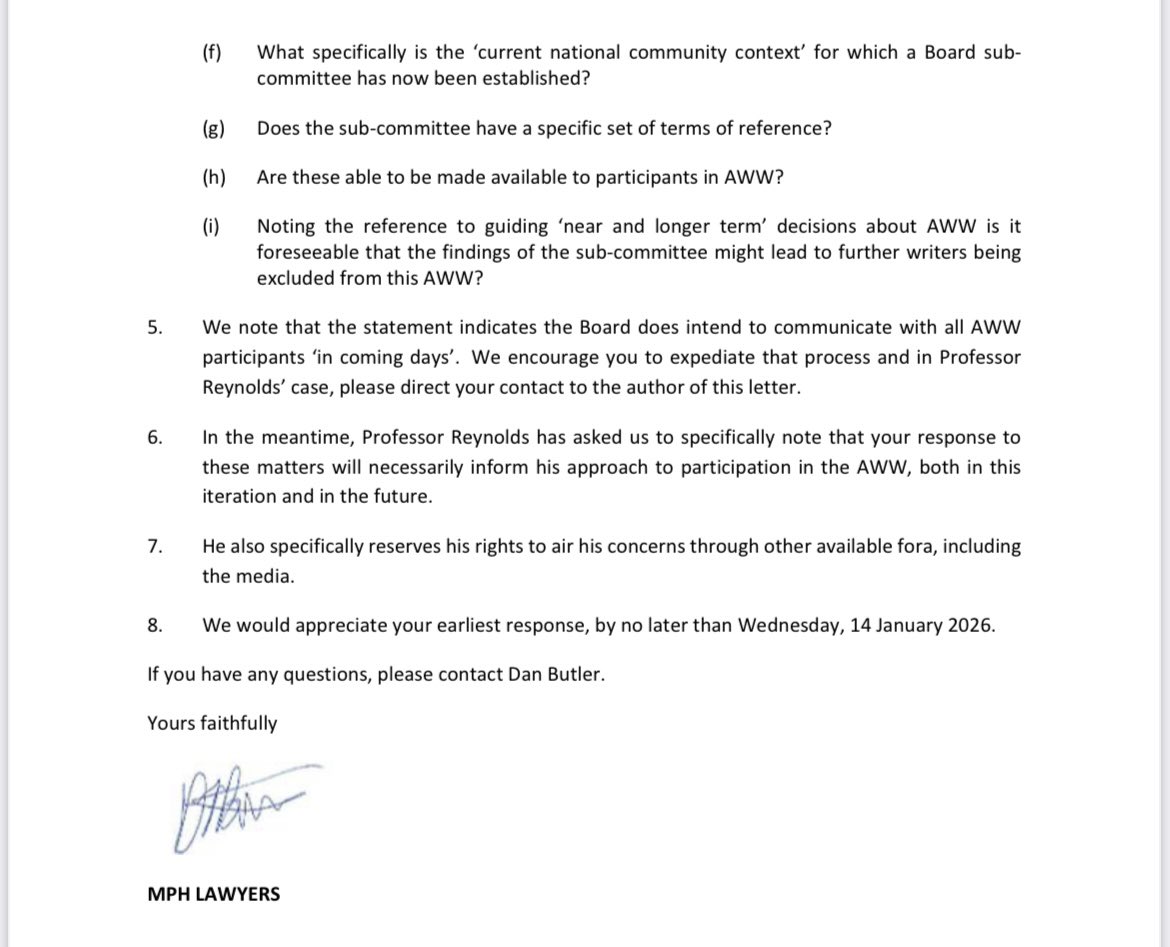 FaridYFarid's tweet image. #Breaking: Pre-eminent Aus historian Henry Reynolds has confirmed he’s also withdrawing from AWW. He described the board’s move as “foolish” &amp;amp; “an inexcusable surrender to Zionist pressure”. His lawyers wrote a letter to the fest which he’s given me permission to share #auspol