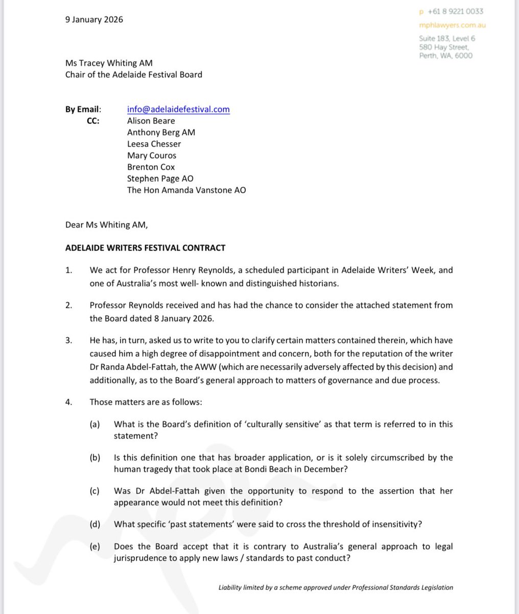 FaridYFarid's tweet image. #Breaking: Pre-eminent Aus historian Henry Reynolds has confirmed he’s also withdrawing from AWW. He described the board’s move as “foolish” &amp;amp; “an inexcusable surrender to Zionist pressure”. His lawyers wrote a letter to the fest which he’s given me permission to share #auspol