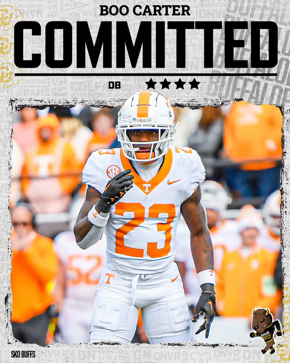DNVR_Buffs's tweet image. 𝑩𝑹𝑬𝑨𝑲𝑰𝑵𝑮: 4⭐️ Tennessee DB Boo Carter has committed to Colorado! 🦬🔥

Carter made the SEC All-Freshman team in 2024 and is a top 3 safety in the portal #SkoBuffs