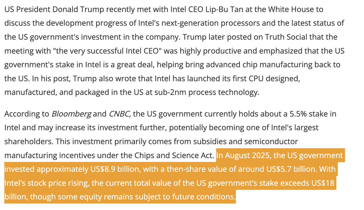 "In August 2025, the U.S. government invested about $8.9 billion, and the value of its stake at the time was around $5.7 billion. Since then, as Intel’s stock price has risen, the total value of the U.S. government’s stake is now estimated to exceed $18 billion."

Is your stock