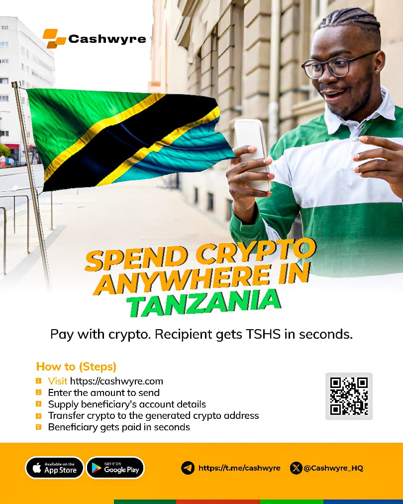 Crypto is now spendable in 🇹🇿 #Tanzania. Pay with crypto → recipient gets  TZS in seconds. #Cashwyre is now live in 21 African countries with the  mission to make #Bitcoin & stablecoins