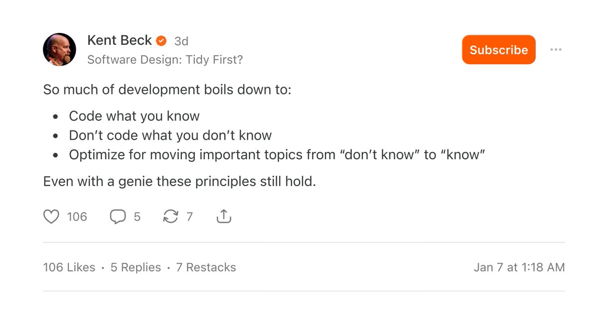 lucas_flatwhite's tweet image. 켄브 벡의 메시지에 공감하며..

코드를 작성하는 행위 자체가 개발의 핵심이 아니겠죠. 본질은 도메인과 기술에 대한 이해이겠죠?

💬 개발의 상당 부분은 결국 다음으로 요약됩니다.

- 아는 것을 코딩하세요.

- 모르는 것은 코딩하지 마세요.

- 중요한 주제를 '모름'에서 '앎'의 영역으로 옮기는…