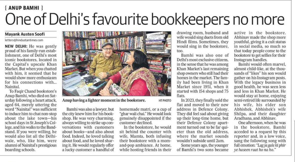 thedelhiwalla's tweet photo. My obituary on the passing of a beloved Delhi bookseller—Anup Bamhi of Khan Market’s Faqir Chand… in Hindustan Times today. Please read. https://t.co/5oMyZfbaZ9