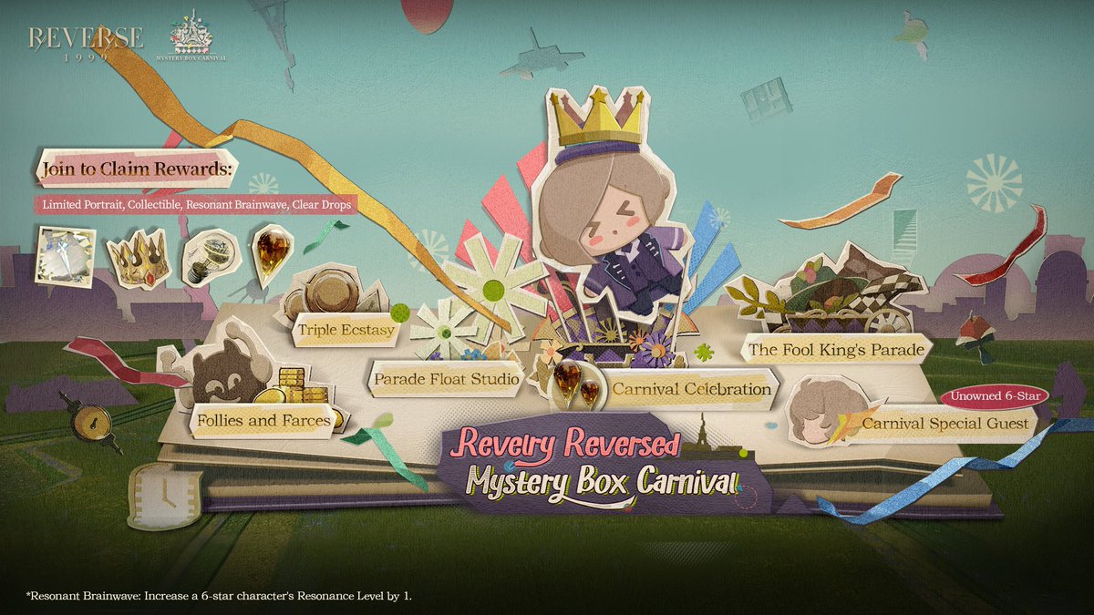 Reverse1999_GL's tweet photo. Join to Claim Clear Drop x1,000 and More: [Mystery Box Carnival: Revelry Reversed] Event Coming Soon

Event 1: [The Fool King's Parade]
Duration: After the version update on 2026-01-20 - 2026-03-05 04:59 (UTC-5)
Event Intro: Complete the corresponding character growth missions during the event to obtain Resonant Brainwave x2 (it increases one 6-star character's Resonance level by 1), Crystal Casket, Sharpodonties, and Insight Materials.

Event 2: [Parade Float Studio]
Duration: After the version update on 2026-01-20 - 2026-02-01 04:59 (UTC-5)
Event Intro: Consume Cellular Activity to collect [Blooming Tomorrow] and build the parade float for the "Suitcase King." Successfully build the float to earn Clear Drop x200 in total and a Limited Dynamic Portrait - [Mystery Box Carnival - Fool Against Fate].

Event 3: [The Foolish and the Led]
Duration: 2026-02-01 05:00 - 2026-03-05 04:59 (UTC-5)
Event Intro: Log in during the event to claim rewards. Finish building the parade float for the "Suitcase King" to earn additional rewards.
Event Rewards: Carnival Limited Collectible - [Crown of the "Suitcase King"], Clear Drop x1,000
Extra Reward Bonus: Clear Drop x200 (maximum), Mystical Insight Casket

Event 4: [Follies and Farces]
Duration: 2026-02-01 05:00 - 2026-02-13 04:59 (UTC-5)
Event Intro: Duel the Carbuncle to win Exquisite Insight Materials.

Event 5: [Triple Ecstasy]
Duration: 2026-02-07 05:00 - 2026-02-20 04:59 (UTC-5)
Event Intro: During the event, obtain triple rewards from [The Poussiere] and [Mintage Aesthetics].

#Reverse1999Ver3ꓸ2 #aFlowingFeast  #MysteryBoxCarnival