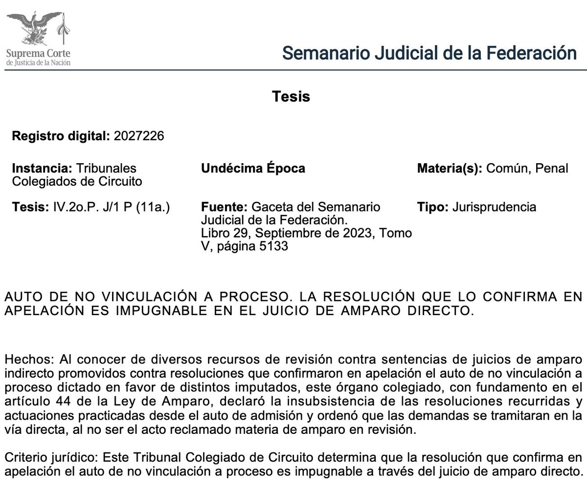 Adrianreginoo's tweet image. ⚖️📌 No vinculación a proceso y vía correcta de amparo

Un Tribunal Colegiado de Circuito estableció que la resolución que confirma en apelación el auto de no vinculación a proceso sí puede impugnarse mediante juicio de amparo directo.

🔎 El punto clave está en la naturaleza del…