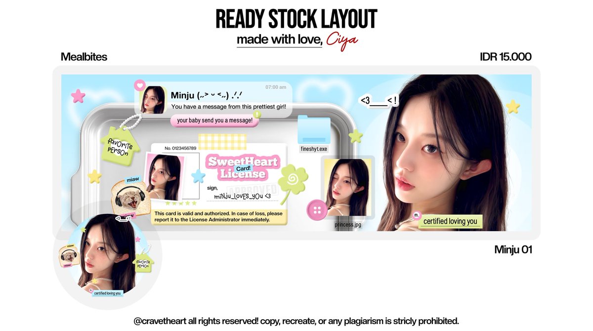 cravetheart's tweet image. help repost guys? thank uu ‹𝟹

haiii, aku ada 8 layout ready stock minju, wonhee, wonyoung &amp;amp; ian dari katalog "Mealbites" nih! 15K/each free retext, lengkapnya bisa scroll ke bawah yh :3

yg mau request juga bisa, form nanti disend via dm/tele 🫶🏻

#zonauang