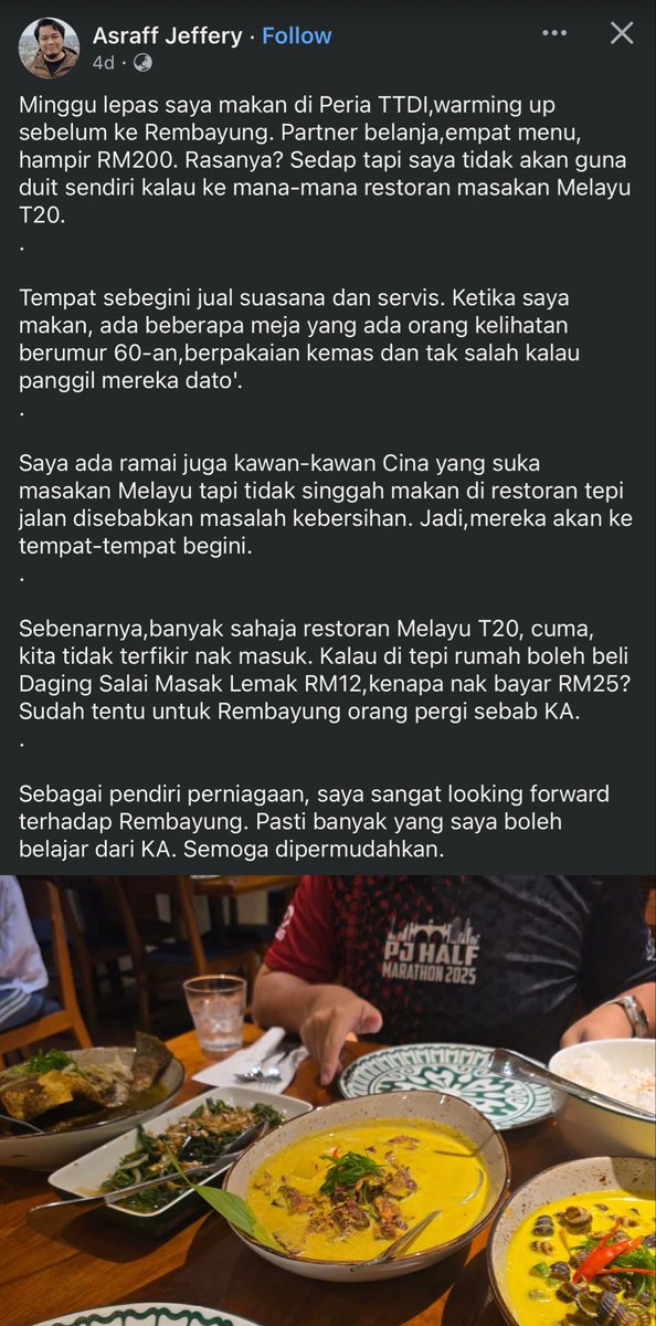 MalaysianFoods's tweet image. "Partner belanja,empat menu, hampir RM200. Rasanya? Sedap tapi saya tidak akan guna duit sendiri kalau ke mana-mana restoran masakan Melayu T20."

Untuk pengetahuan Asraff Jeffery ni adalah Founder dan owner Perniagaan Samurai Yakiniku. 

Penulisan beliau mengatakan saya tidak…