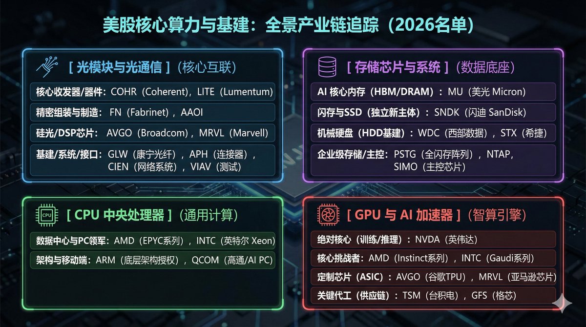 The AI Hardware Stack (2026 Edition). 🇺🇸美股科技基石核心标的一览。 从光模块到GPU，从HBM 到HDD。  Data is the new oil, and these are the drills. 👇 完整列表见图$