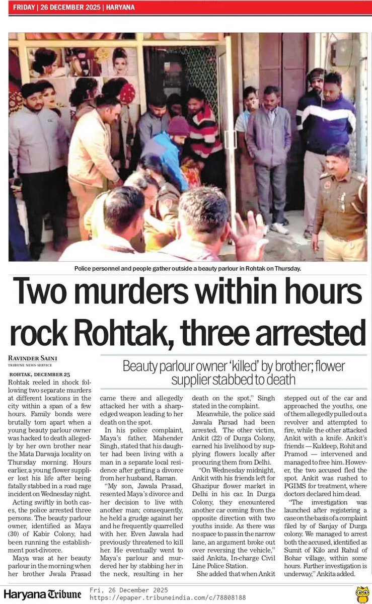 rsainiscribe's tweet image. Two murders within hours rock Rohtak, three arrested
#Crime #Haryana #Killing #TheTribune @thetribunechd 
  tribuneindia.com/news/haryana/t…