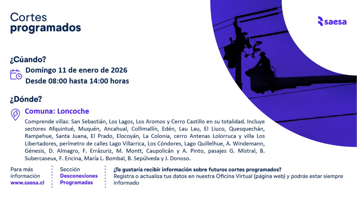 ¡Vecinos de #Loncoche! No se olviden: Hoy domingo 11 de enero de 2026 trabajaremos para darte el mejor servicio. Por lo tanto, se realizará un #CorteProgramado en villas San Sebastián, Los Lagos, Los Aromos y alrededores. Gracias por tu comprensión.