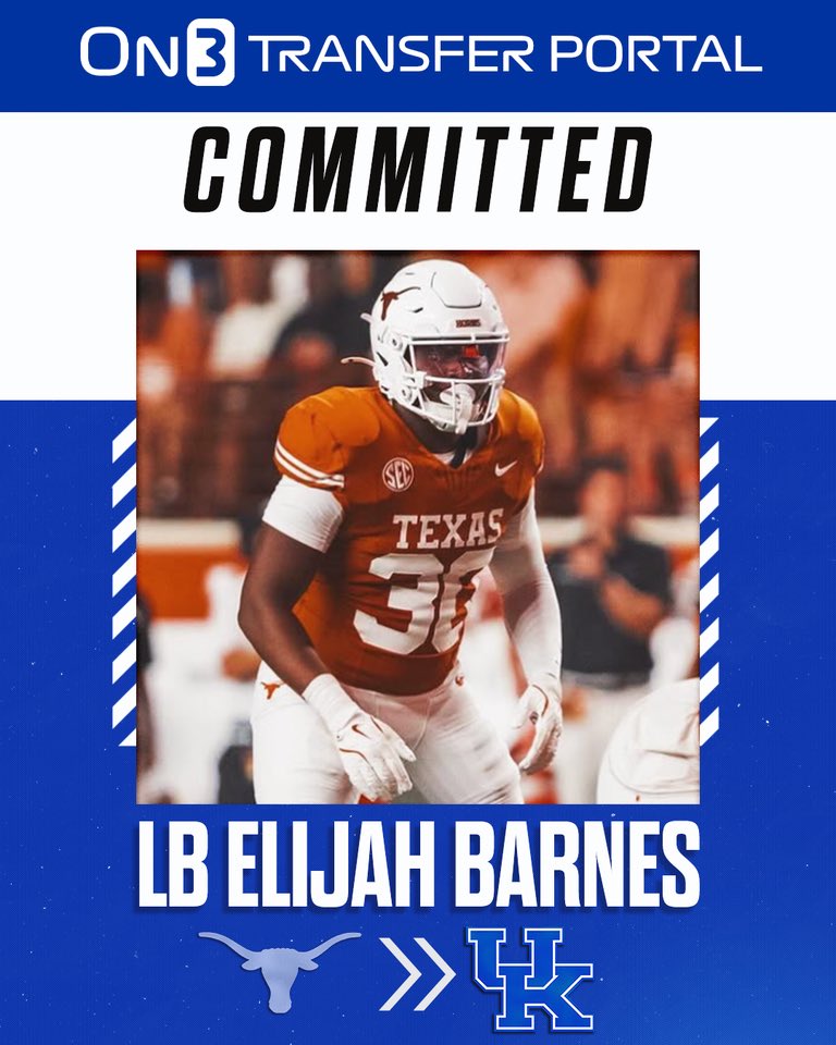 BREAKING: Texas transfer LB Elijah Barnes has committed to Kentucky, <a href="/Hayesfawcett3/">Hayes Fawcett</a> reports😼

Barnes was a 5-star in the 2025 class.

on3.com/college/kentuc…