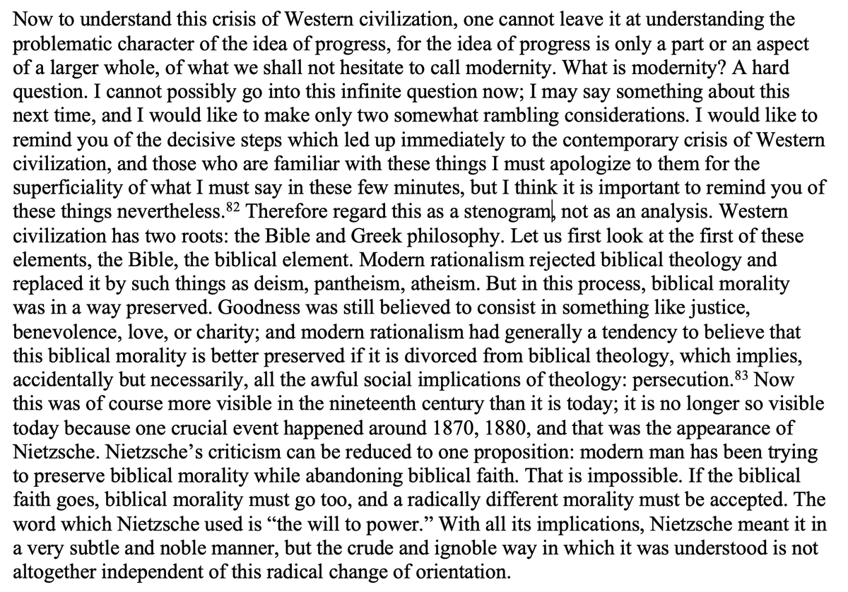 ls_foundation's tweet image. In his 1952 lectures “Progress or Return,” Strauss commented on Nietzsche's critique of modern morality as biblical morality without the biblical God (the famous George Eliot aphorism in Twilight of the Idols). In the Q&amp;amp;A, someone asked Strauss if Freud's approach would be…